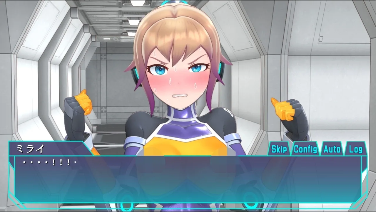 特務少女未來 Remastered 中未来在基地走廊举起科技武器的剧情画面